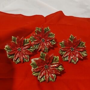 Festive Poinsettia Napkin Rings ceramic preowned set of 4